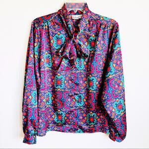 Vintage 70s 80s Dalton Colorful Tie Neck Button Down Blouse Size 8